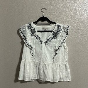 LOFT Women's White Blouse embroidered floral Size Large